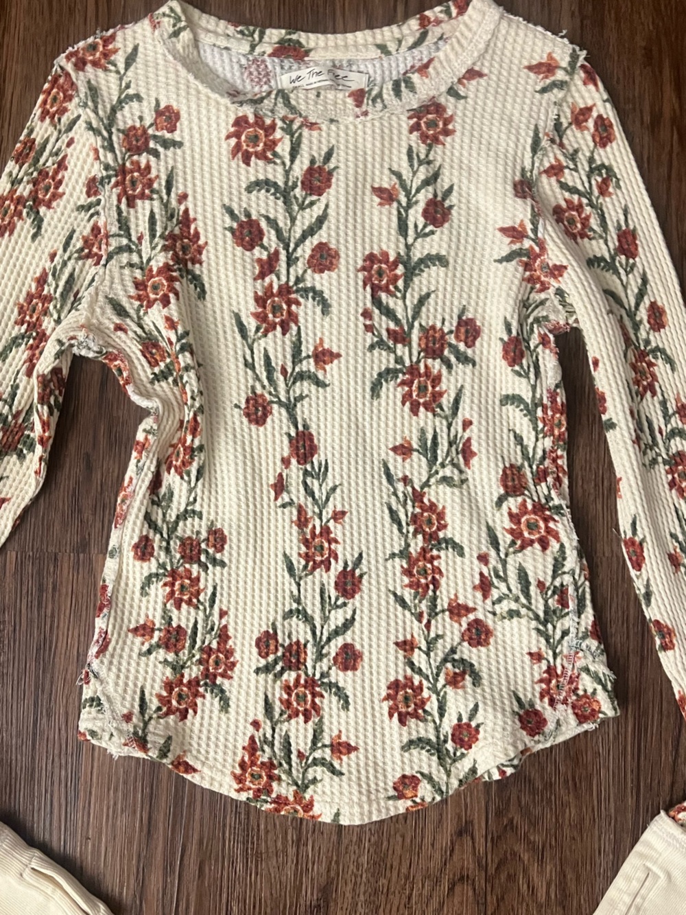 We The Free Cream Long Sleeve Floral Thermal Top with Rust Flowers